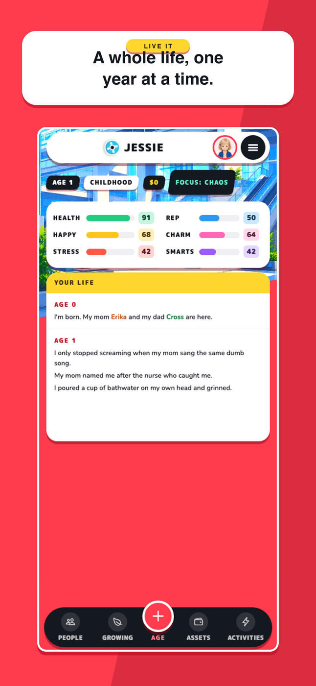 AnimeLife life screen with a character, stats, and a year-by-year life log.