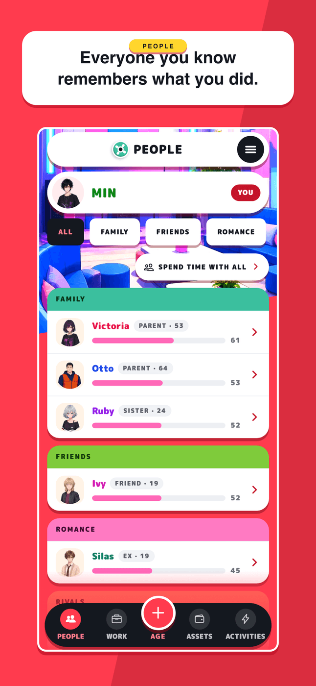 AnimeLife People screen with family, friends, and relationships.
